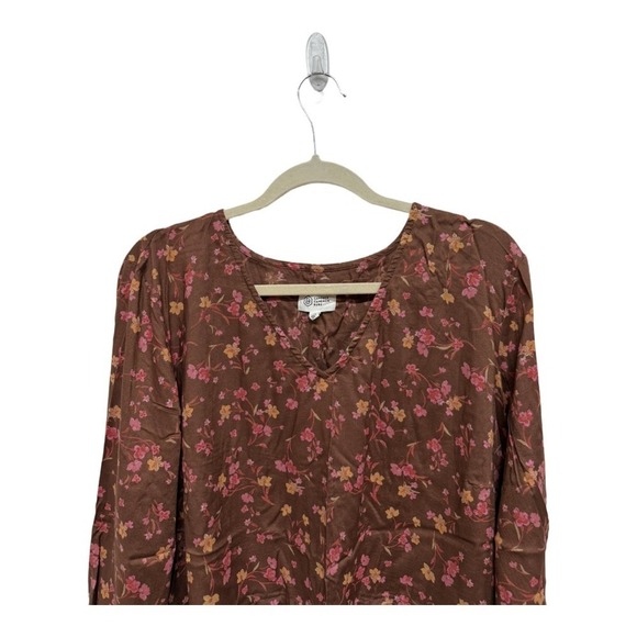 Candace Cameron Bure Long Sleeve V-Neck Brown Floral Fall Top XL Boho Cottage - Picture 2 of 6